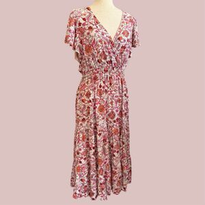 Knox Rose Wrap Flutter Sleeve Tiered Dress M Floral Rayon Boho Romantic Midi